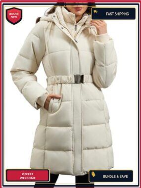 Women's Waterproof Long Puffer Coat Fleece Lined Hooded Parka with Belt